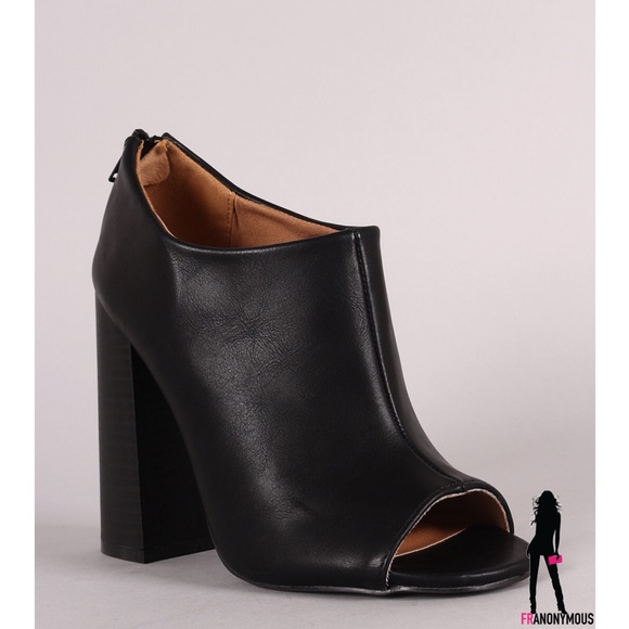 Black Leather Peep Toe Shootie 6 - Picture 1 of 7